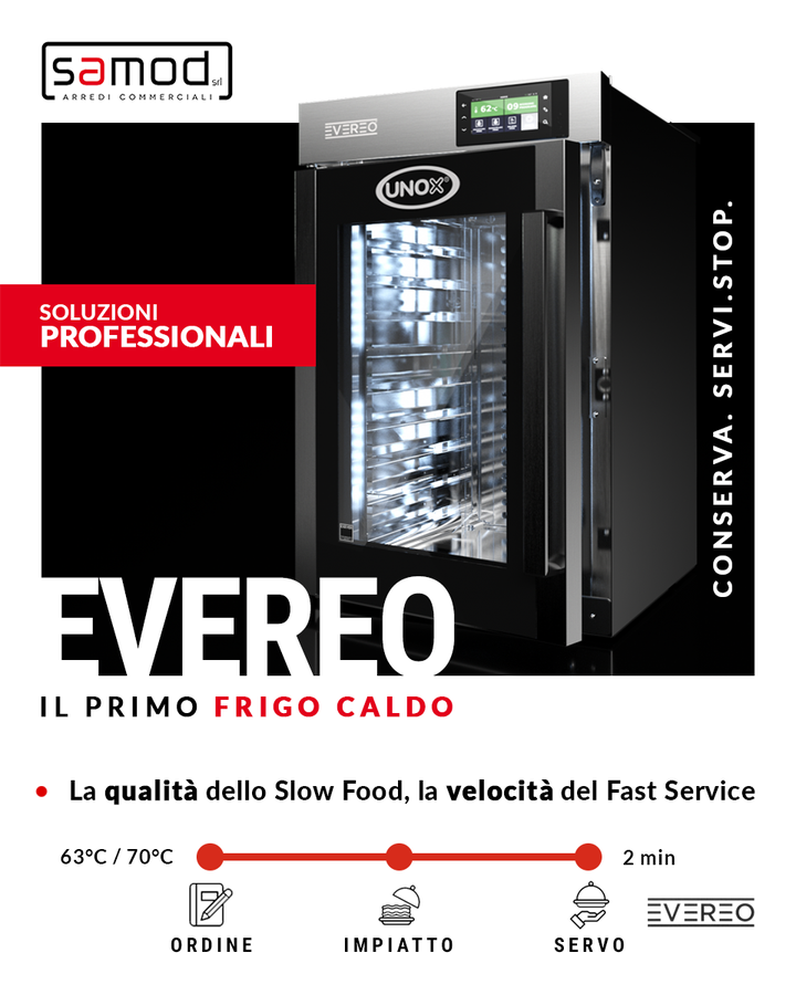 EVEREO® è il primo frigorifero caldo di Unox Ovens in grado di mantenere gli alimenti per 7 8 ore a temperature di servizio