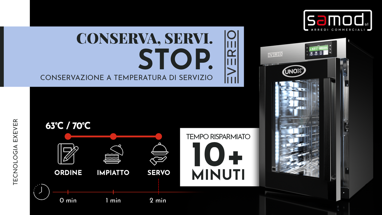 La Conservazione a Temperatura di Servizio di Evereo è un metodo rivoluzionario ideato per conservare il cibo alla temperatura a cui è servito e mangiato.